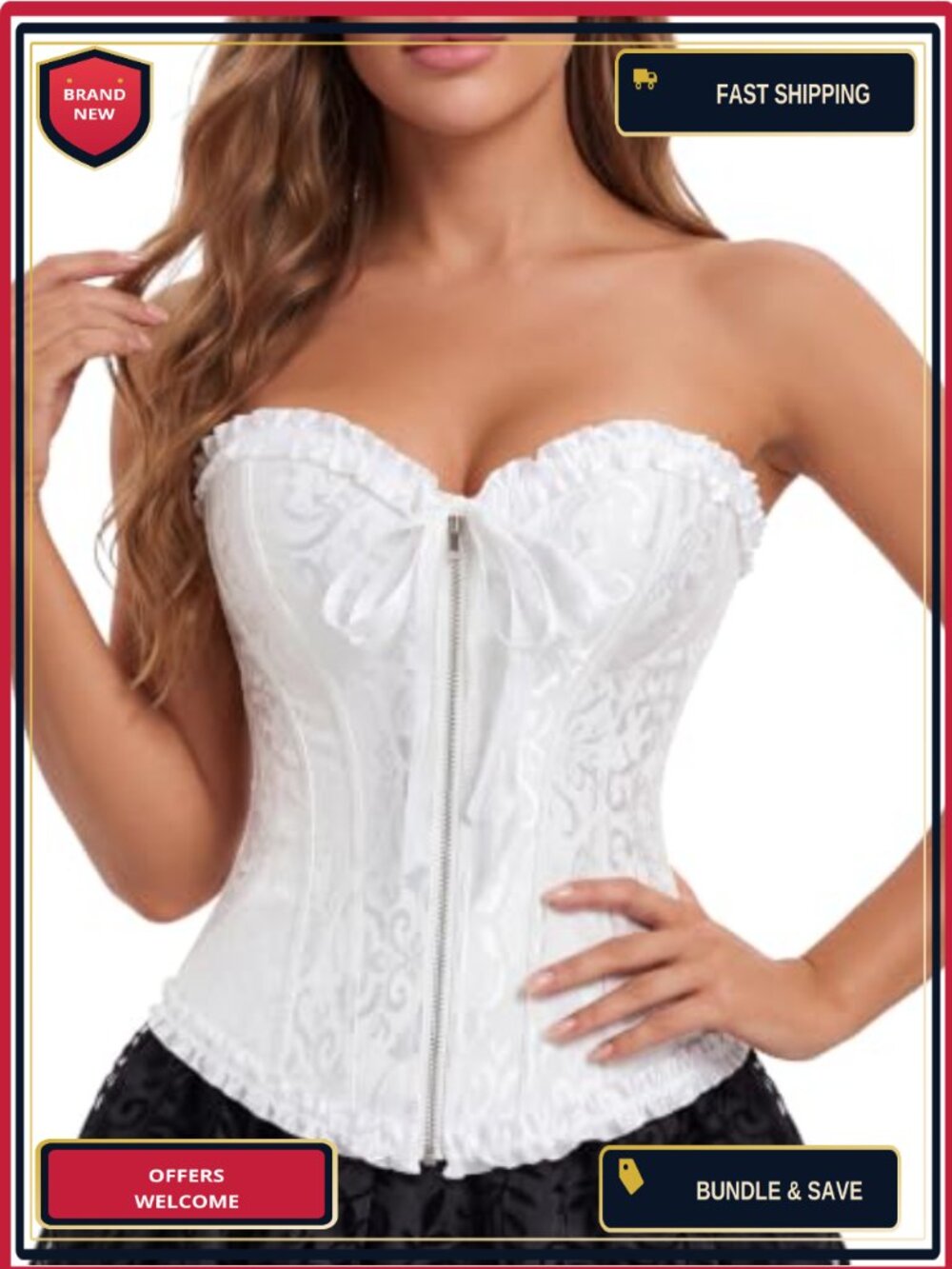 Overbust Corset Top Lace Up Zipper Front Victorian Gothic Costume